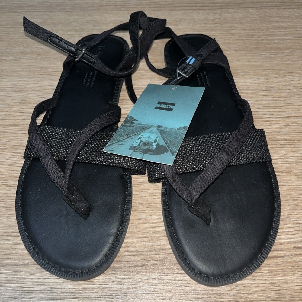 Toms Lexie Sandal Women's Size 9 Black Canvas Foil Woven Flats Ankle Strap New